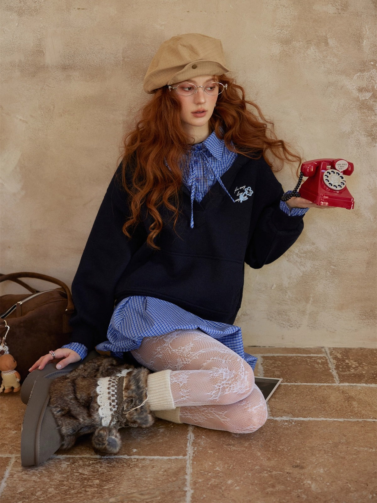 Three-Piece Set Plaid Patchwork Layered Sweatshirt & Bottom Set - CHINASQUAD