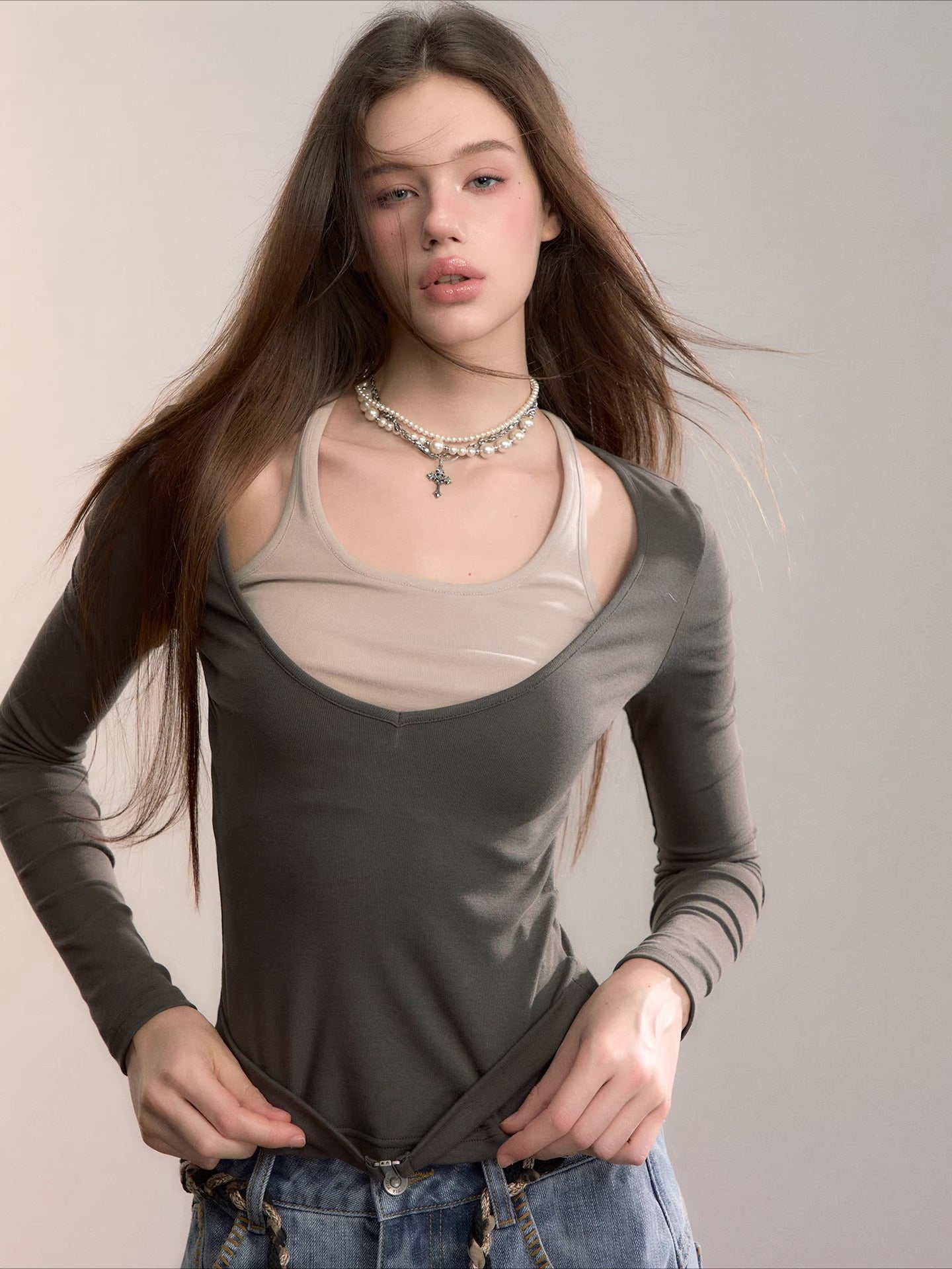 Belted Contrast Panel Knit Layered T-Shirt