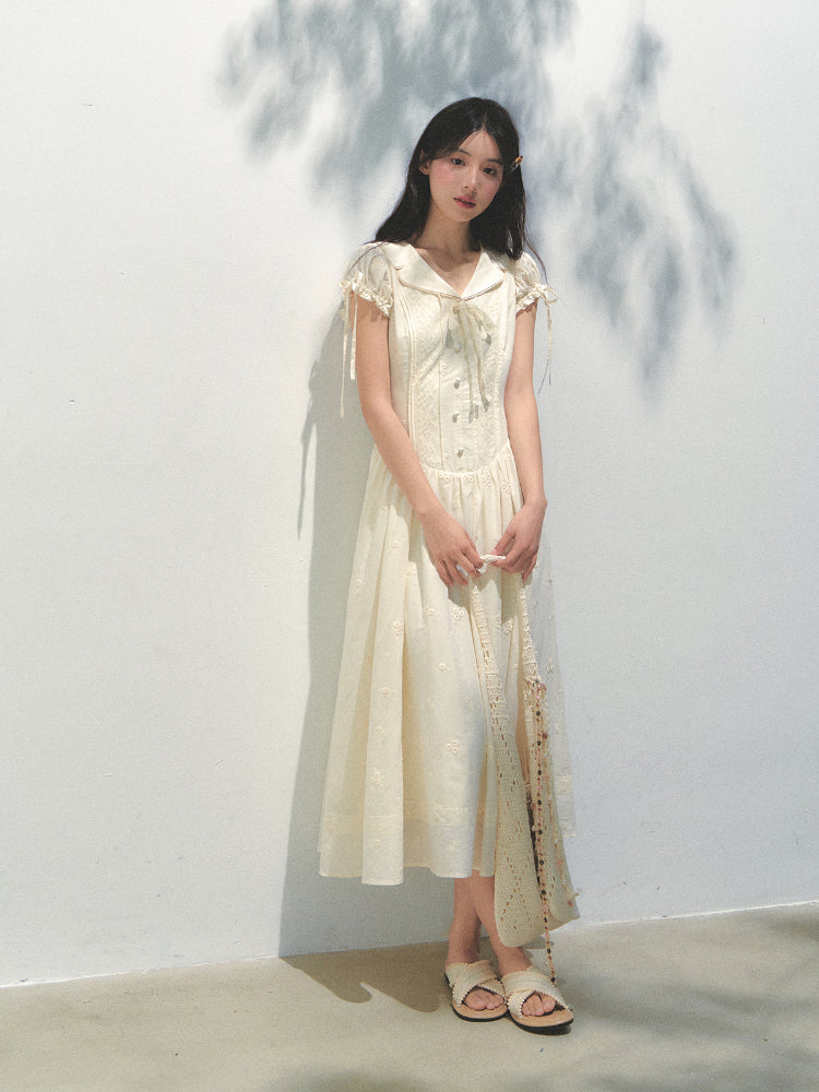 Embroidered Shirt-Collar Tea-Break Dress - CHINASQUAD