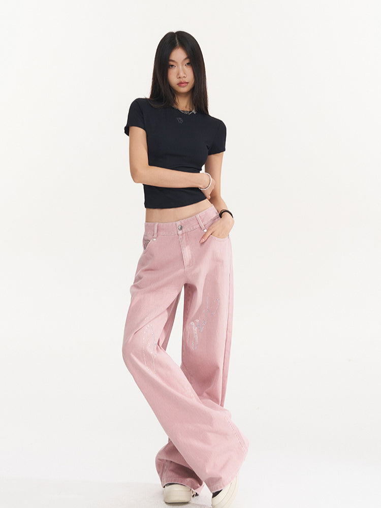 Pink Rhinestone Low-Waist Wide-Leg Jeans - CHINASQUAD