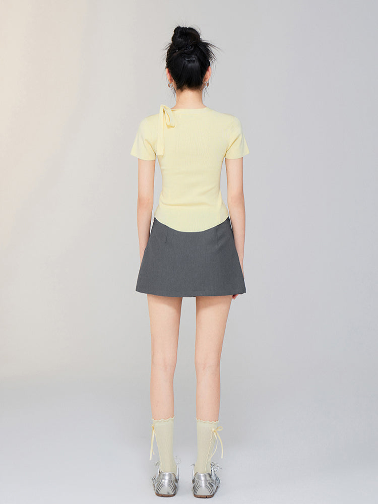 Hollow-out Tie-up Knit Round Neck Short Sleeve Top - CHINASQUAD