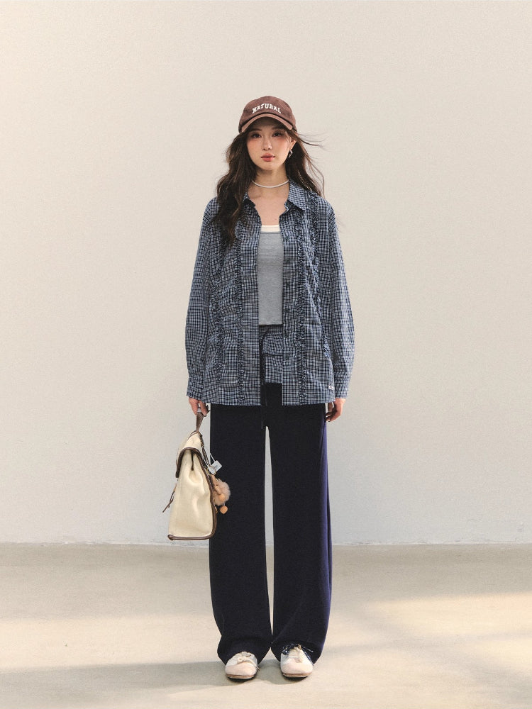 Plaid Ruffle Pleated Loose Long-Sleeve Shirt
