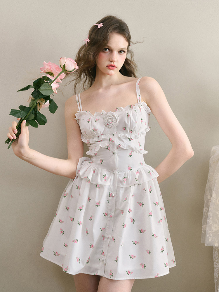 White Floral Ruffled Edge Dress - CHINASQUAD