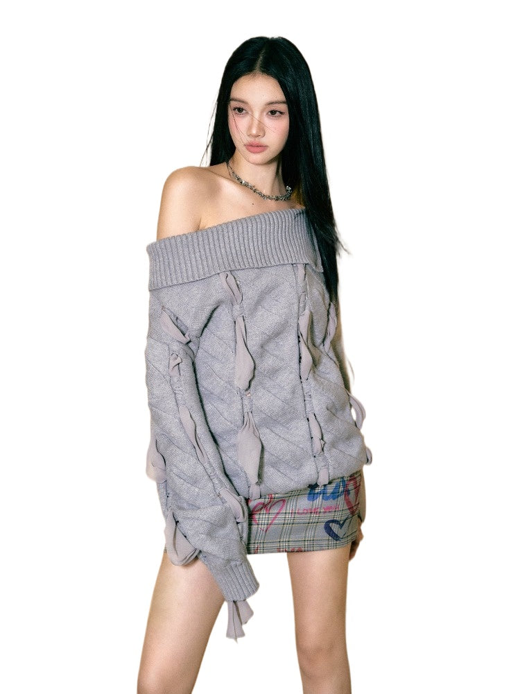Grey Chiffon Ribbon Knitted Sweater - CHINASQUAD