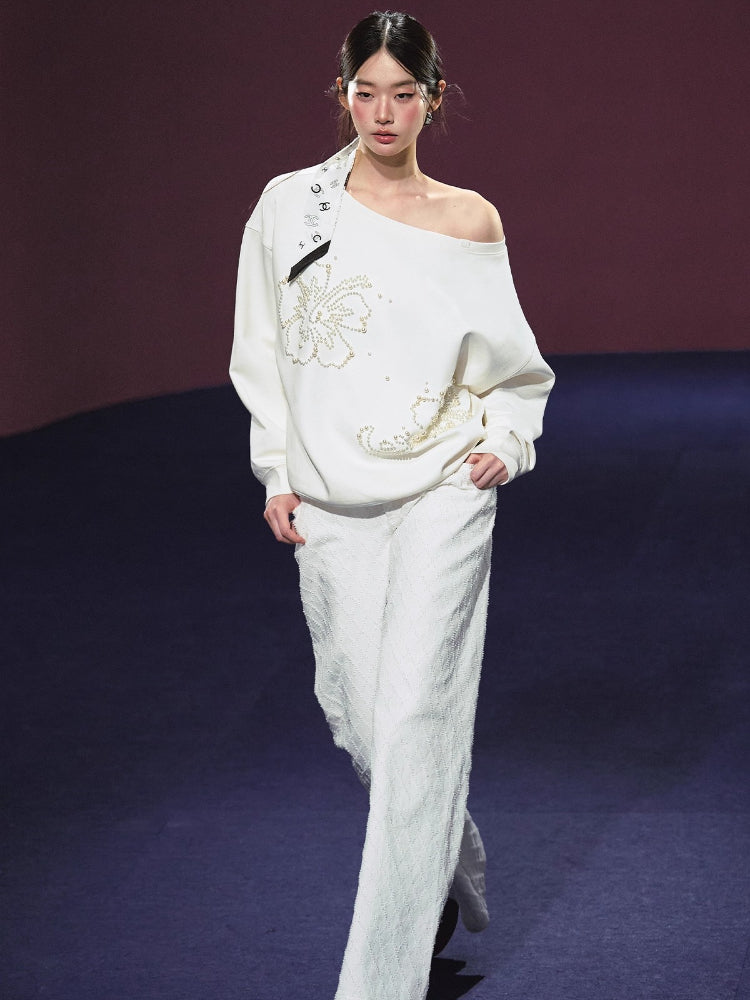 Beaded Off-shoulder Silhouette Sweatshirt