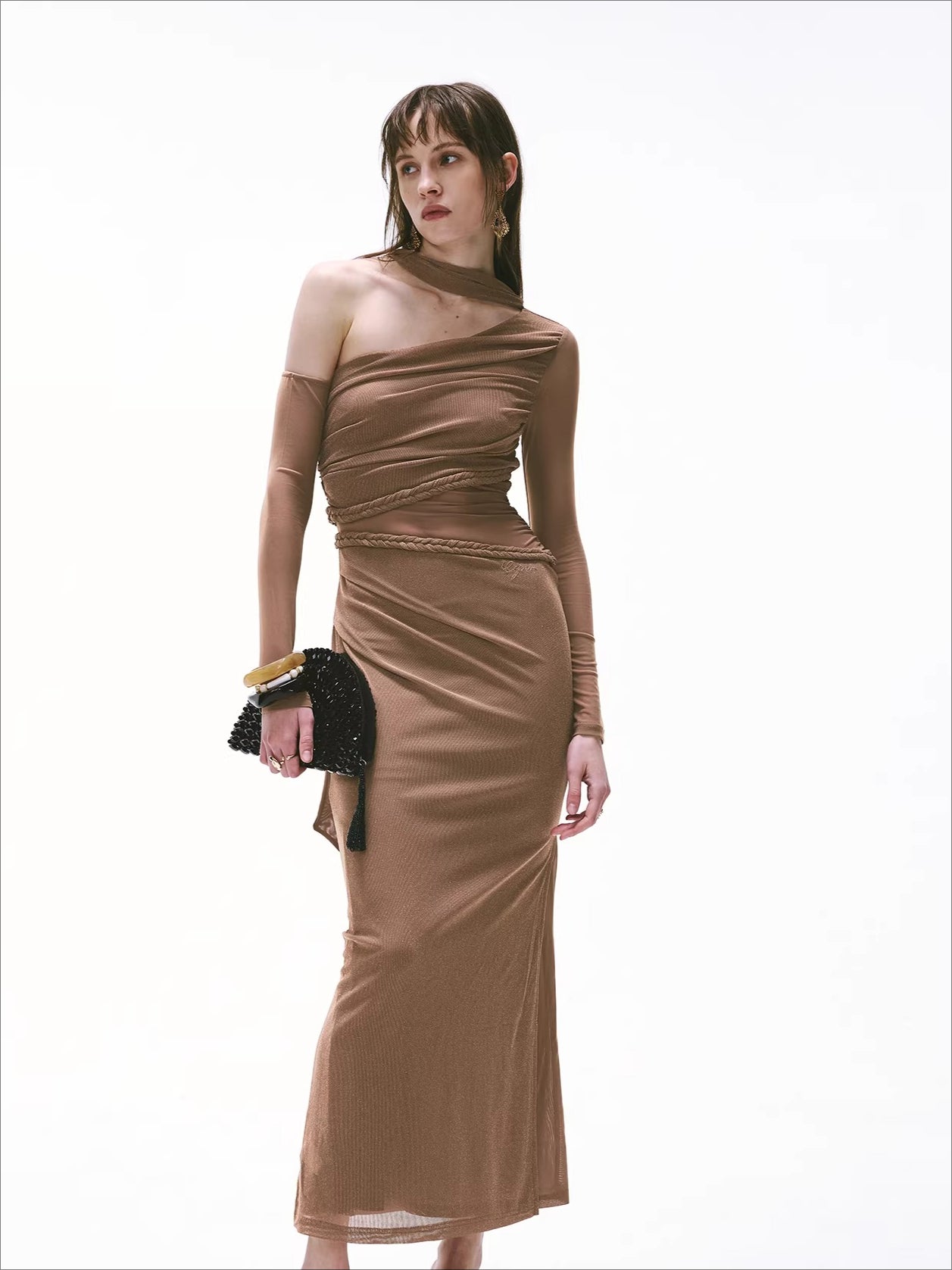 Vintage One-Shoulder Braided Ruched Maxi Dress