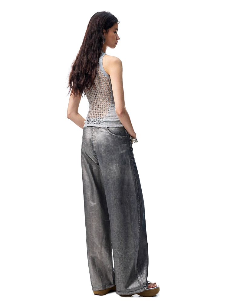 Silver-Foil Embroidered Straight-Leg Denim Curved Pants - CHINASQUAD