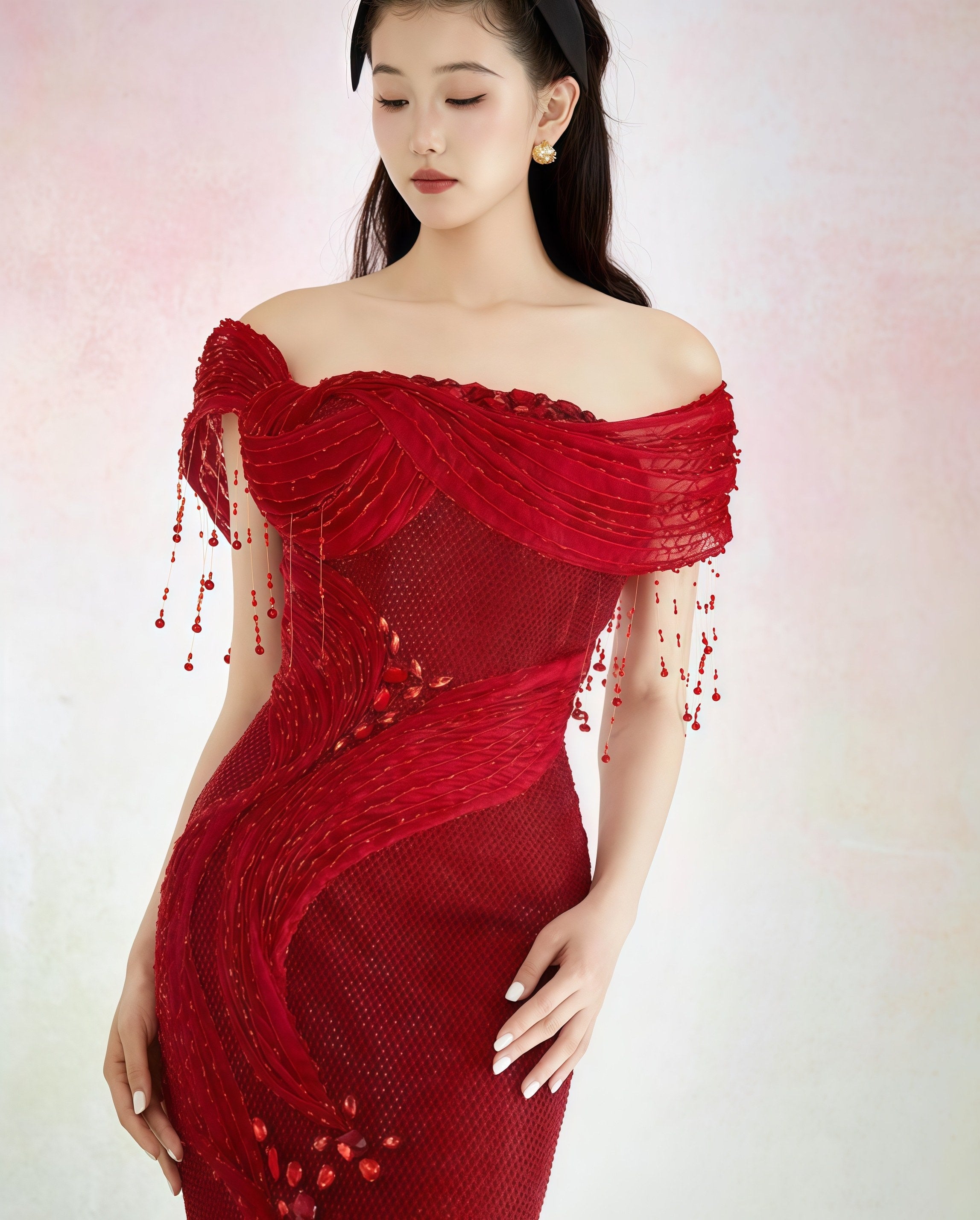 Crimson Draped Beaded Off-Shoulder Mermaid Gown