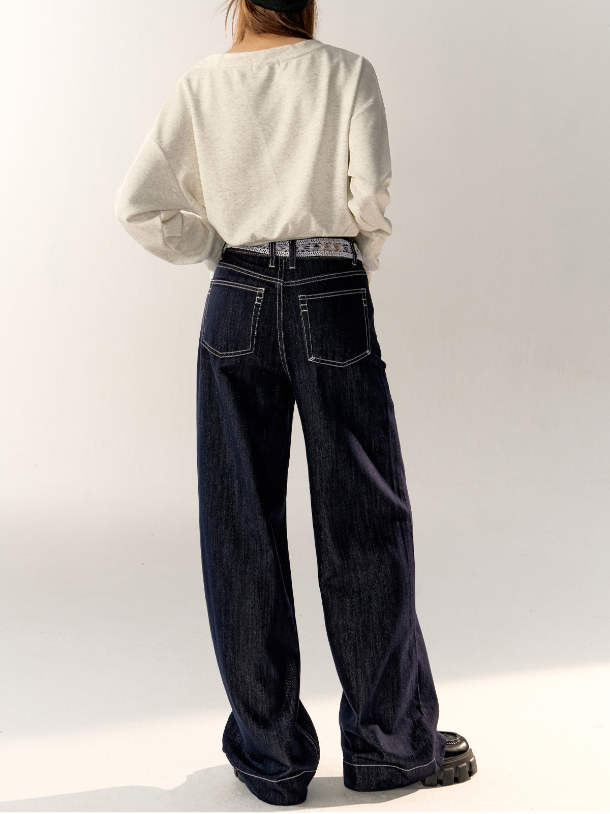 Dark Blue High-waist Wide-leg Pants - CHINASQUAD