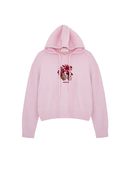 Blue & Pink Floral Embroidery Hooded Knit Sweatshirt