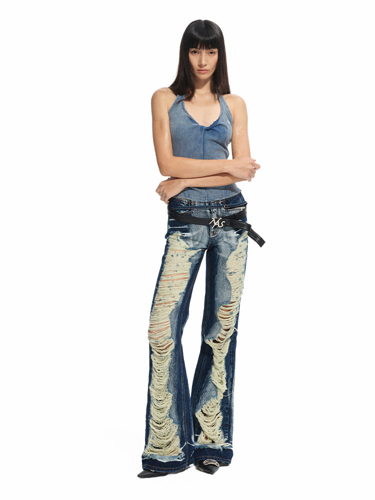 Denim-like Retro U-Neck Halter Tank Top - CHINASQUAD