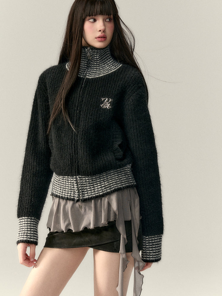 Color-Block High-Neck Knit Cardigan - CHINASQUAD