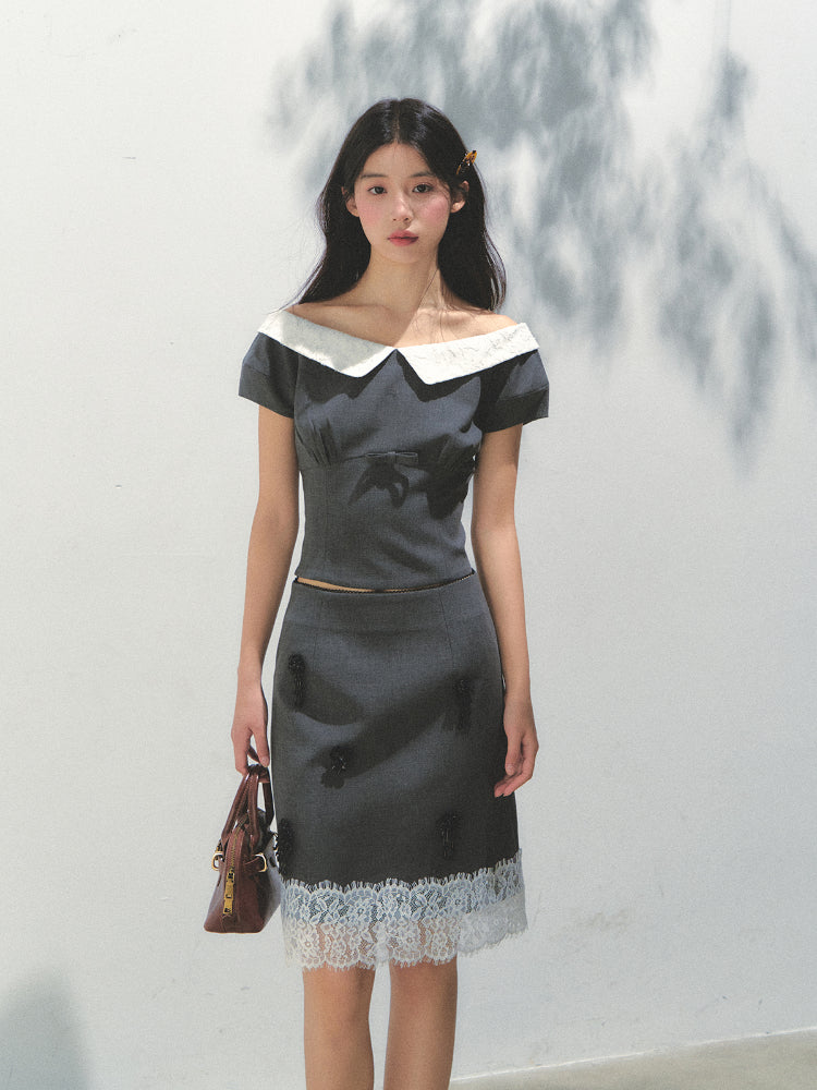 Dark Gray Princess Sleeve Top & skirt set - CHINASQUAD