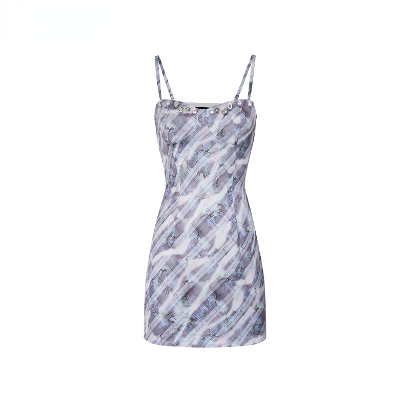 Purple Gray Blue Plaid Camisole Dress - CHINASQUAD
