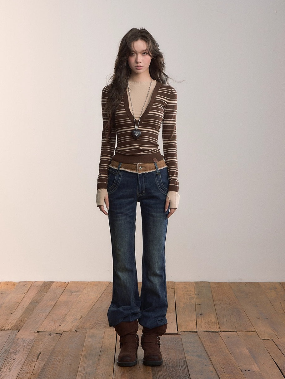 Contrast Panel Faux Fur Waist  Flare Jeans