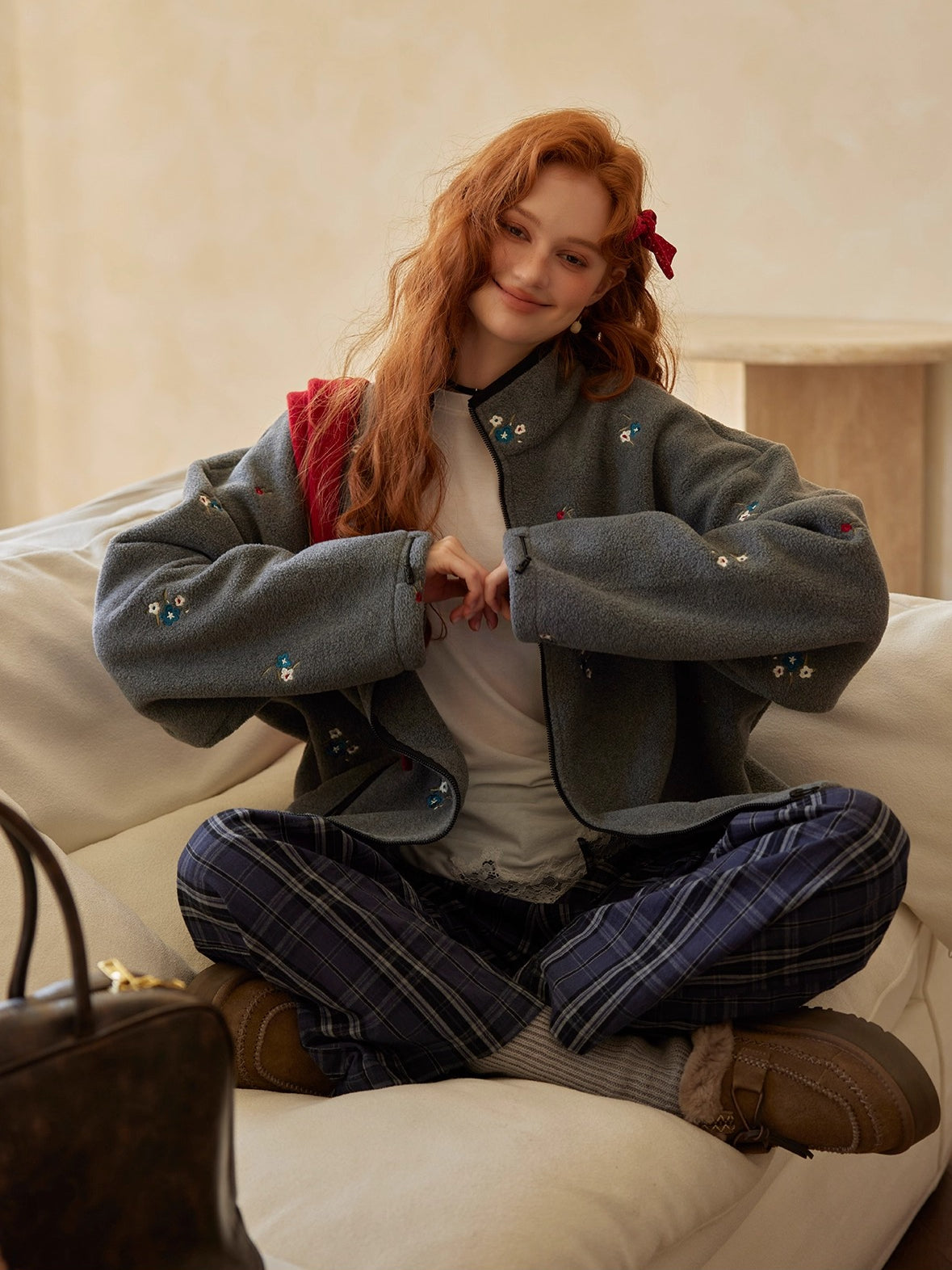 Floral Embroidered Plaid Fleece Oversized Jacket