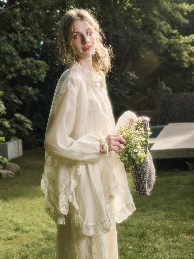 Lace Round Neck Trimmed Shirt - CHINASQUAD
