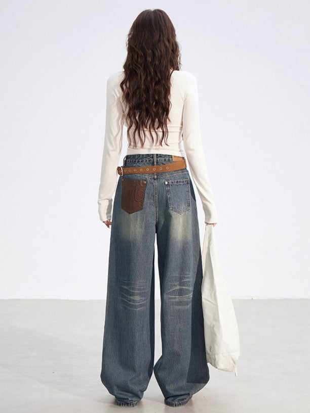 Leather-Patch Wide-Leg Cotton Jeans - CHINASQUAD