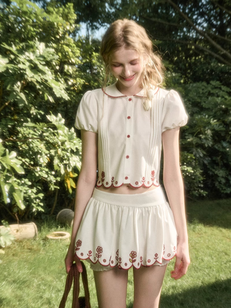 Lace Embroidery Airy Shirt & Skirt Set - CHINASQUAD
