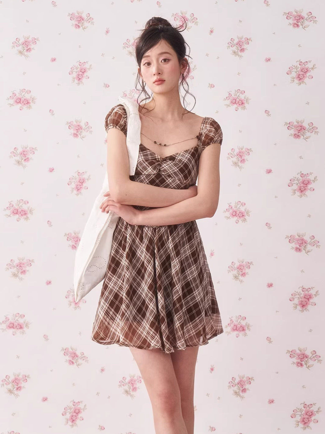 Vintage Plaid Puff Sleeve A-Line Mini Dress