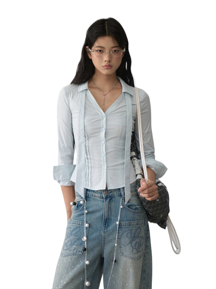Contrast-colored Collared Waist-cinched Shirt - CHINASQUAD