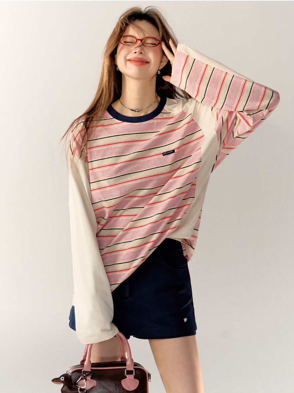 Pink Color-Block Striped Oversized T-shirt - CHINASQUAD