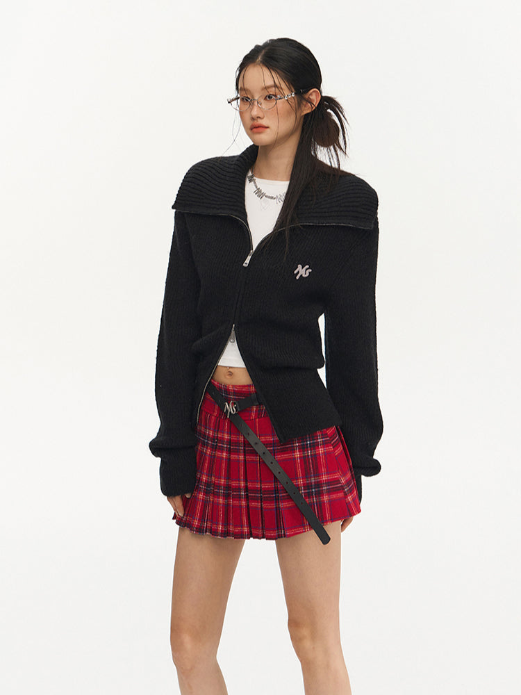 Black Loose Fit Double Zipper Knit Cardigan - CHINASQUAD