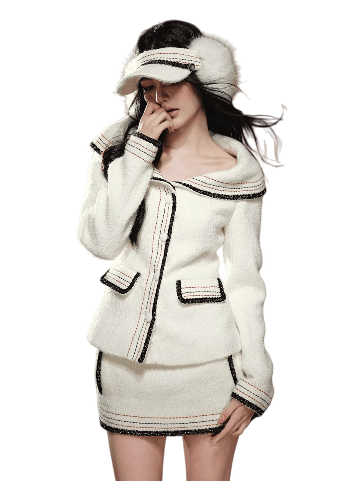 Oversized-Collar Jacket & A-Line Mini Skirt Set