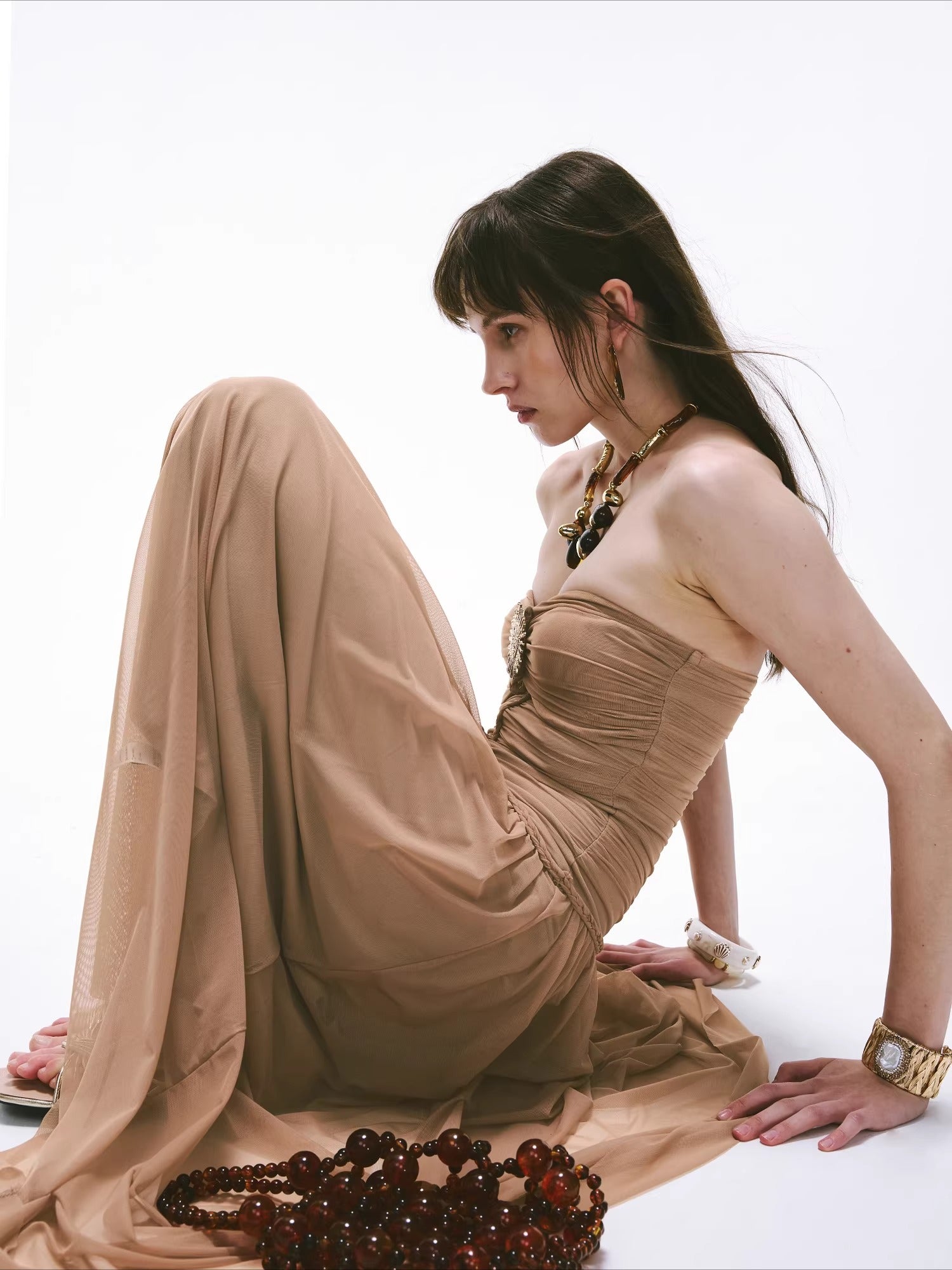 Cool-Goddess Strapless Braided Ruched Maxi Dress