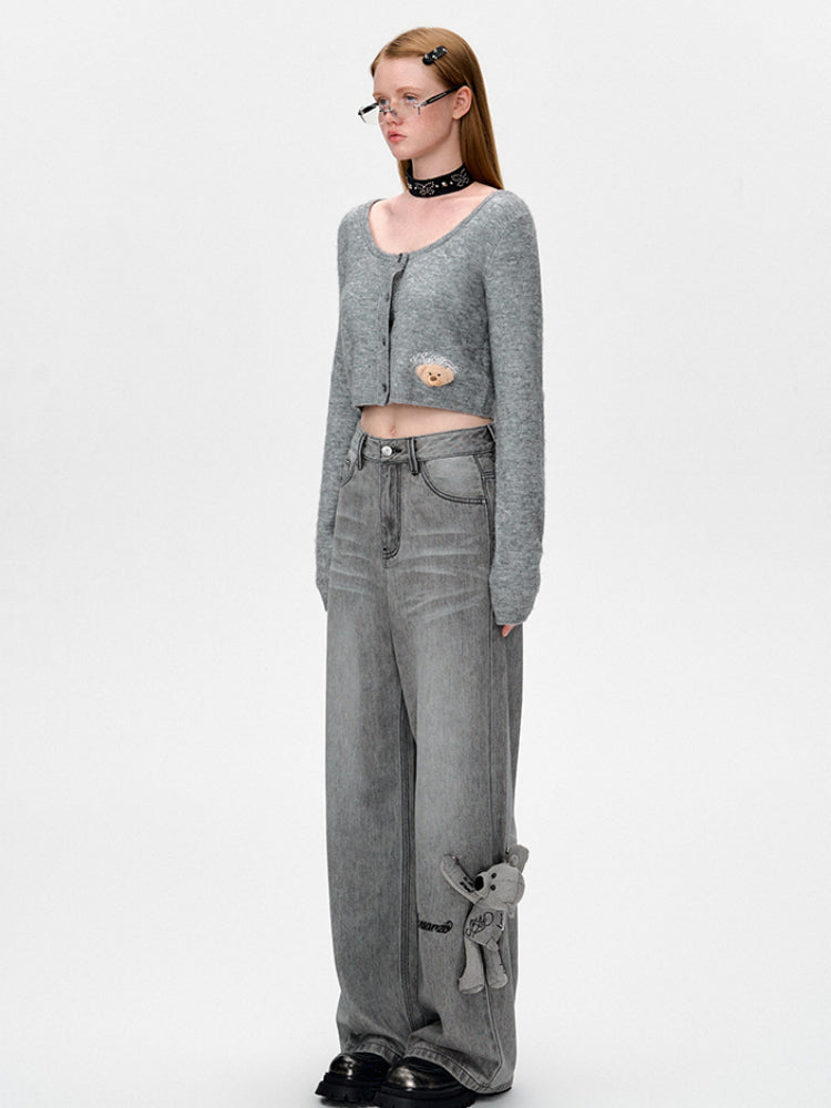 Bear Embroidered Knit Cardigan - CHINASQUAD