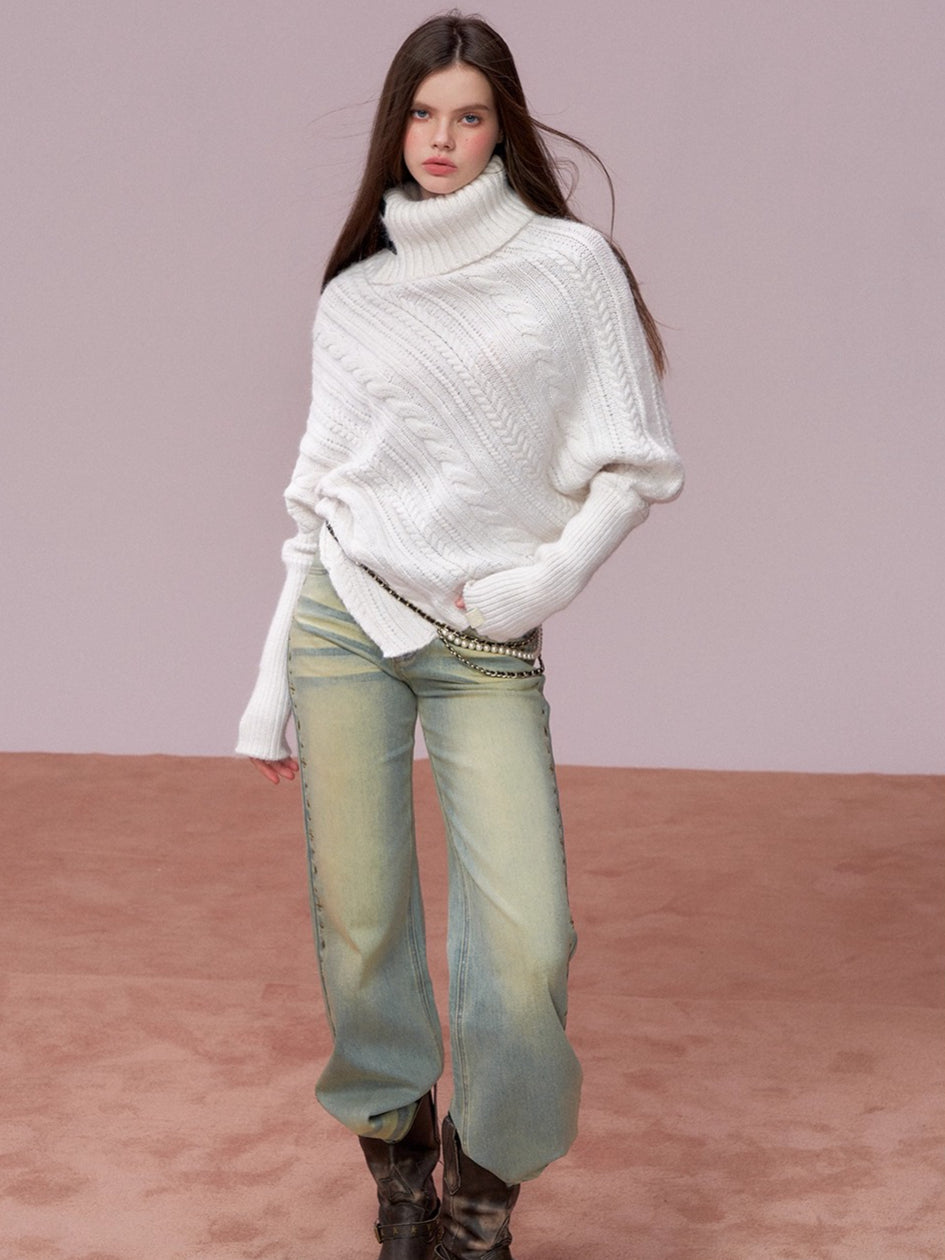 Leather-Buckle Thickened Cape Sweater