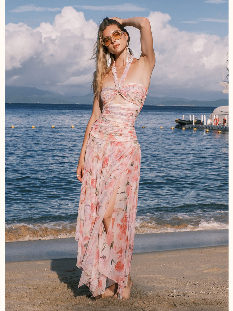 Evelyn Floral Ribbon Neckline Hollow-out Dress - CHINASQUAD