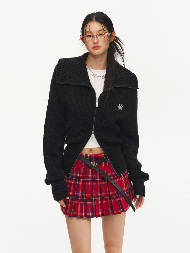 Black Loose Fit Double Zipper Knit Cardigan - CHINASQUAD