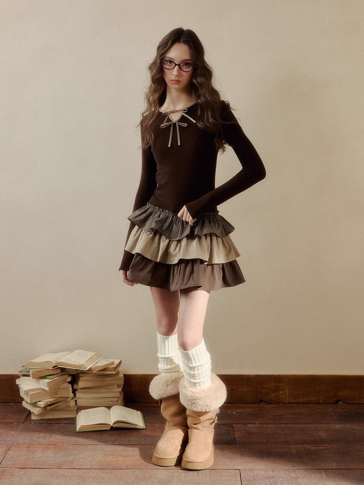 Layered Knit Plaid Tiered Puff Dress