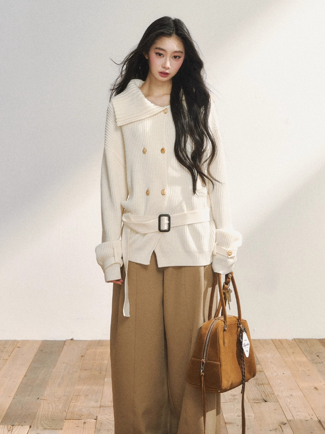 Double-Breasted Belted Knit Cardigan