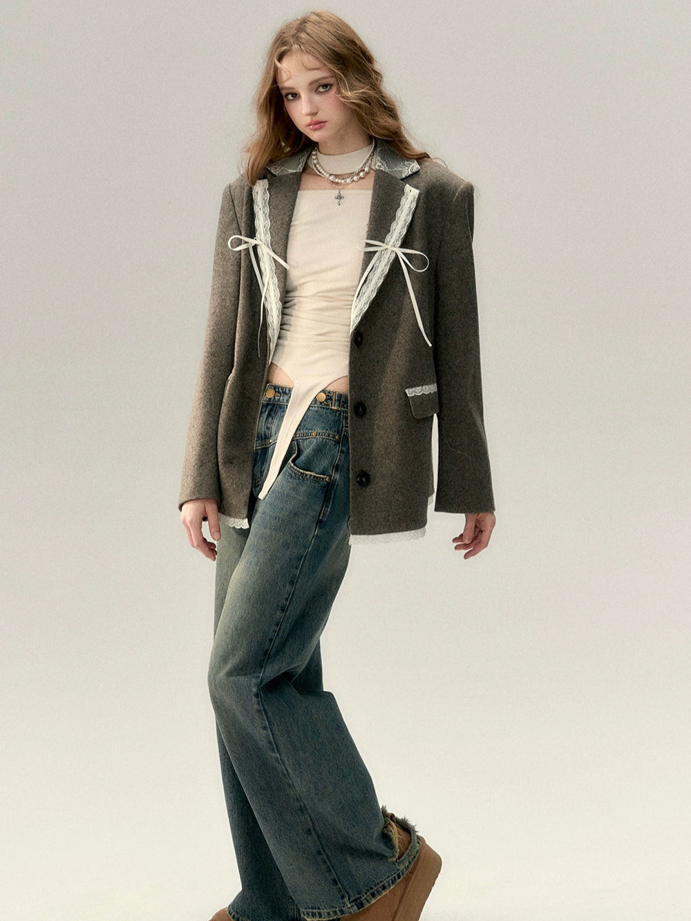 Taupe Lace Wool Blazer - CHINASQUAD