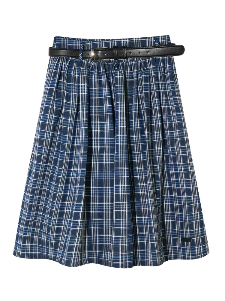 High-Waist Belted Plaid Umbrella Skirt