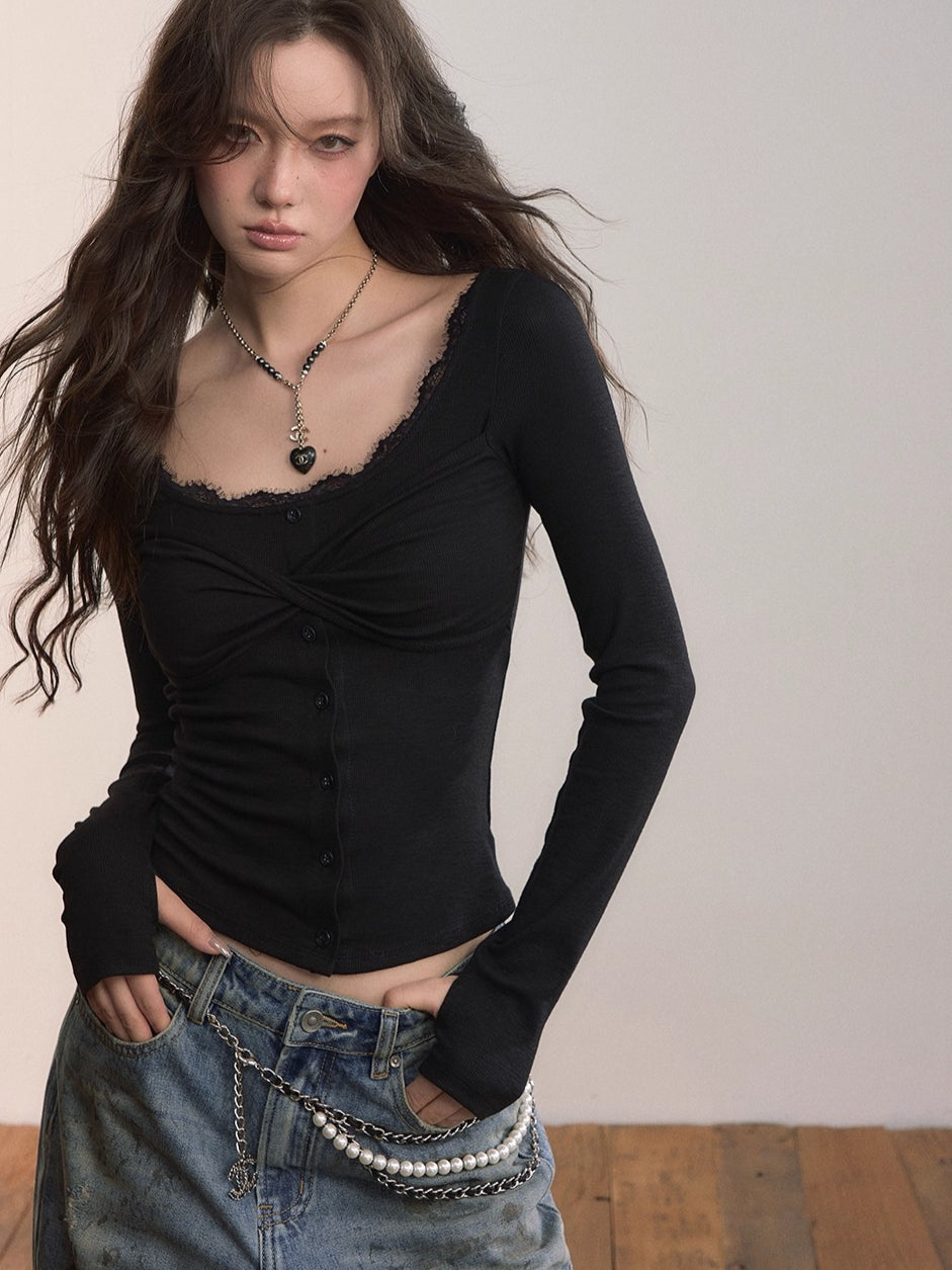 Lace Trim Button-Up Fitted Long Sleeve T-Shirt - CHINASQUAD