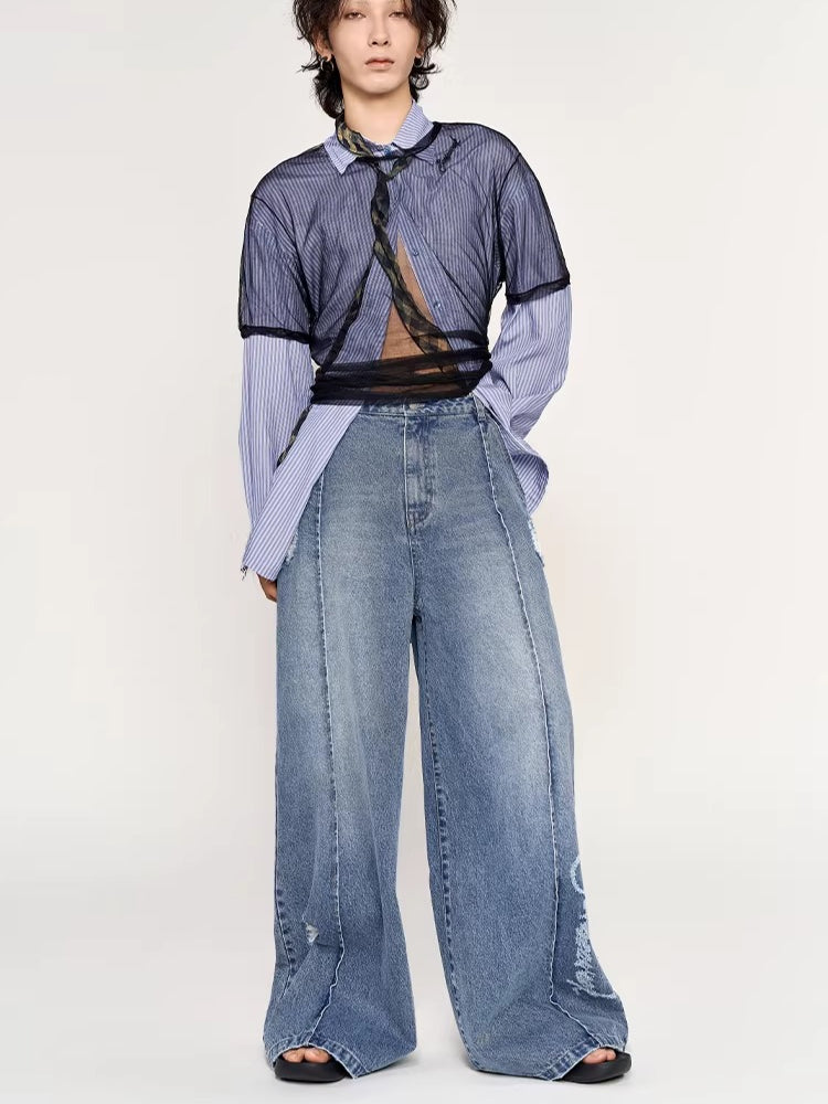 Laser Logo Seam Wide-Leg Denim Pants