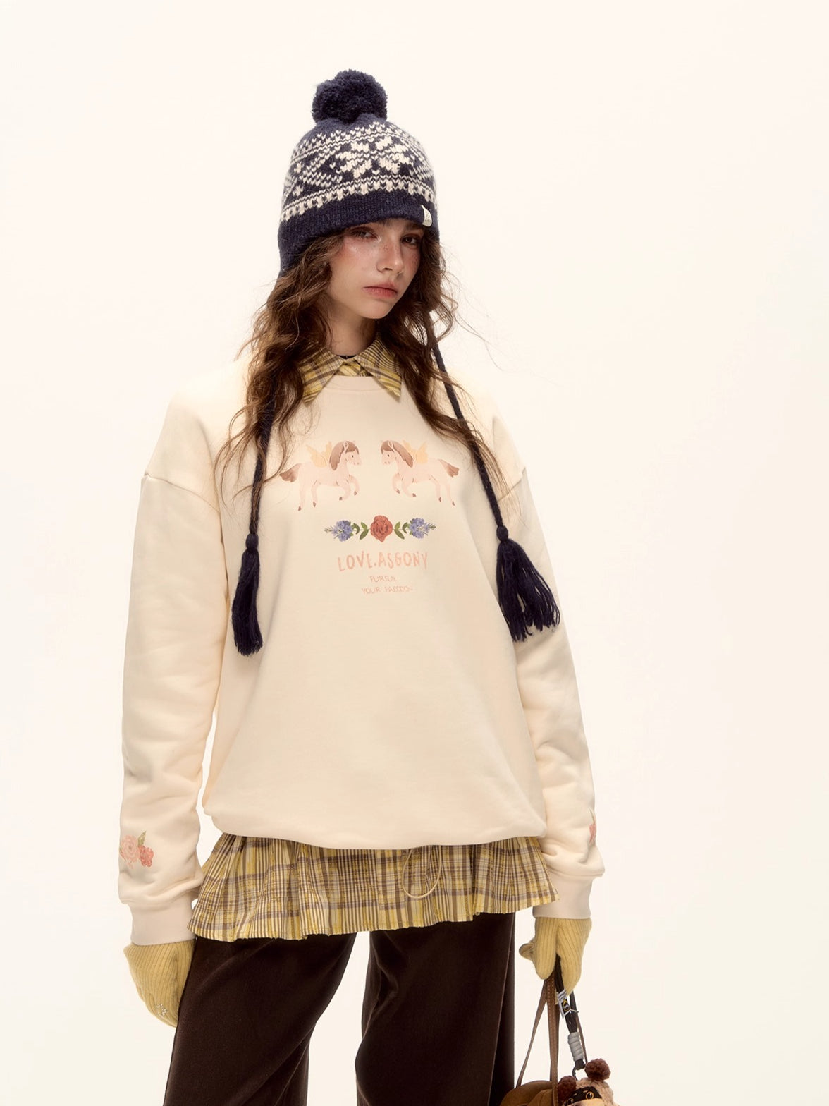 Floral Pony Print Fleece-Lined Pullover Sweatshirt