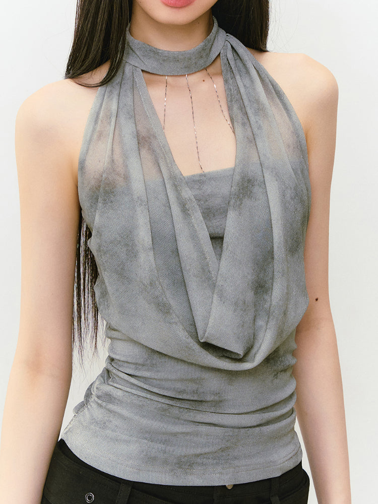 Chain Swing-neck Halter Neckline-gathered Waist Tank Top - CHINASQUAD