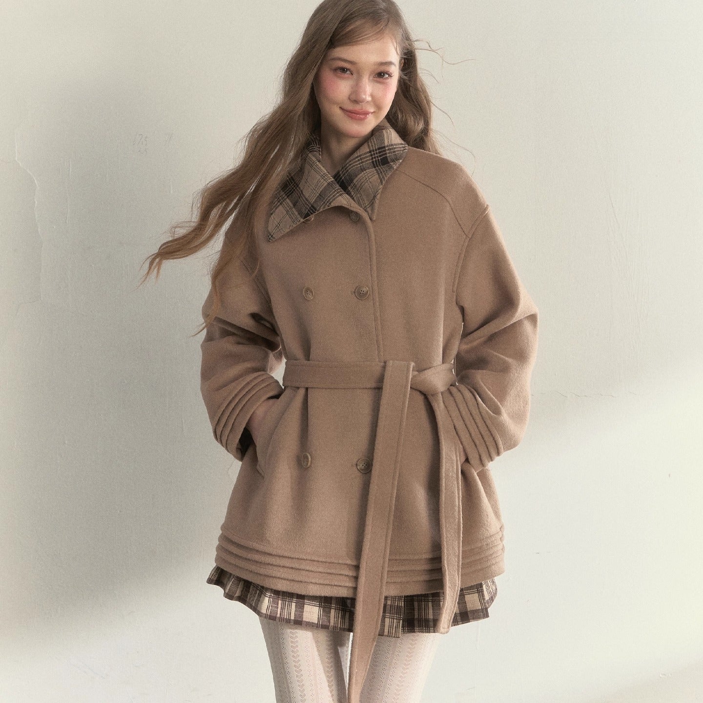 Khaki & Misty Pink Plaid Collar & Belt Wool Coat