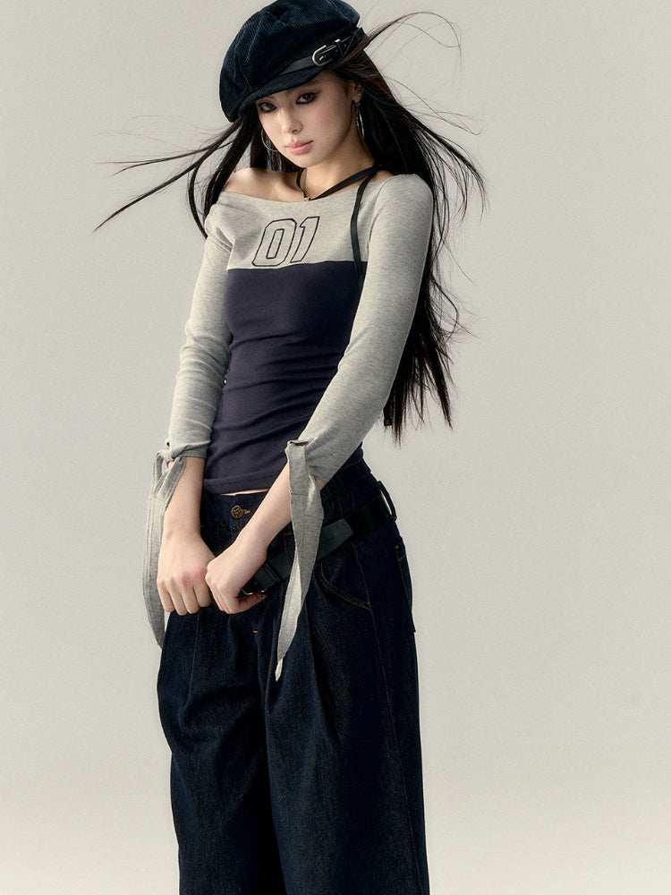 Color Block Waist Tie 3/4 Sleeve T-shirt - CHINASQUAD