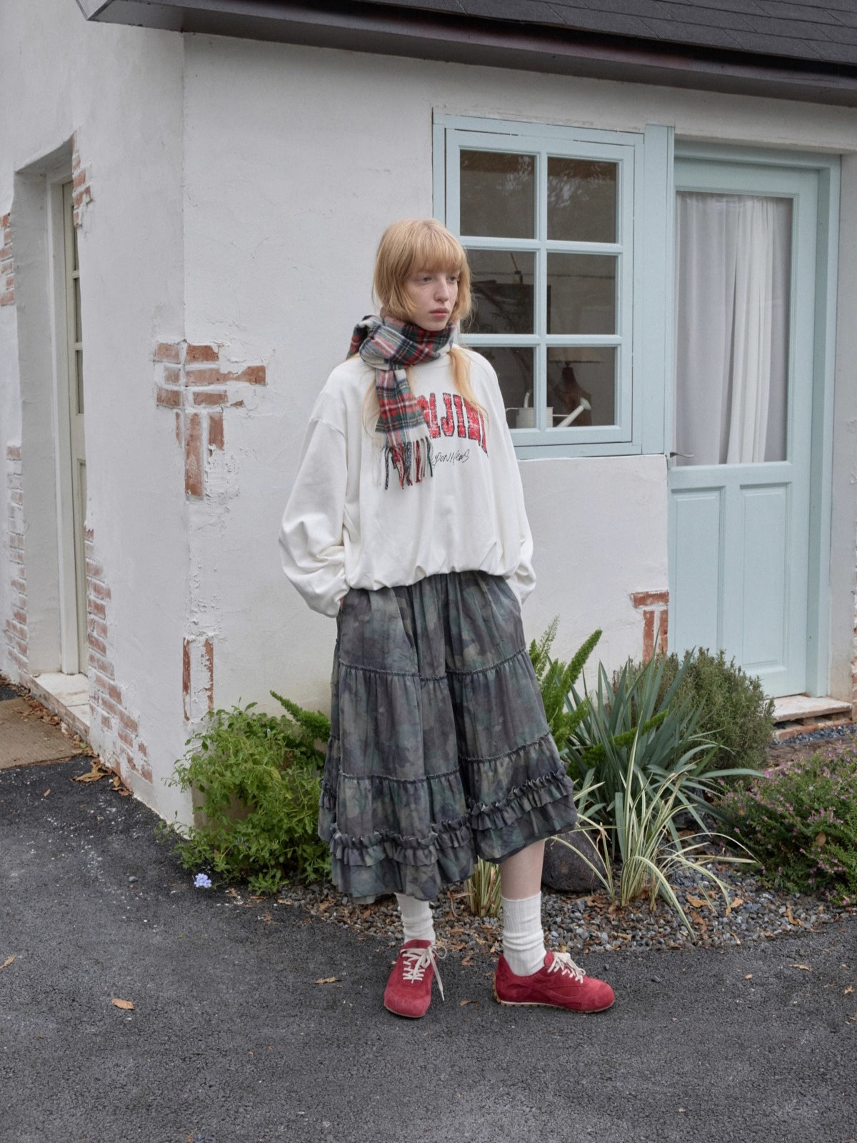 Camouflage Raw-Edge Ruched Layered Skirt - CHINASQUAD