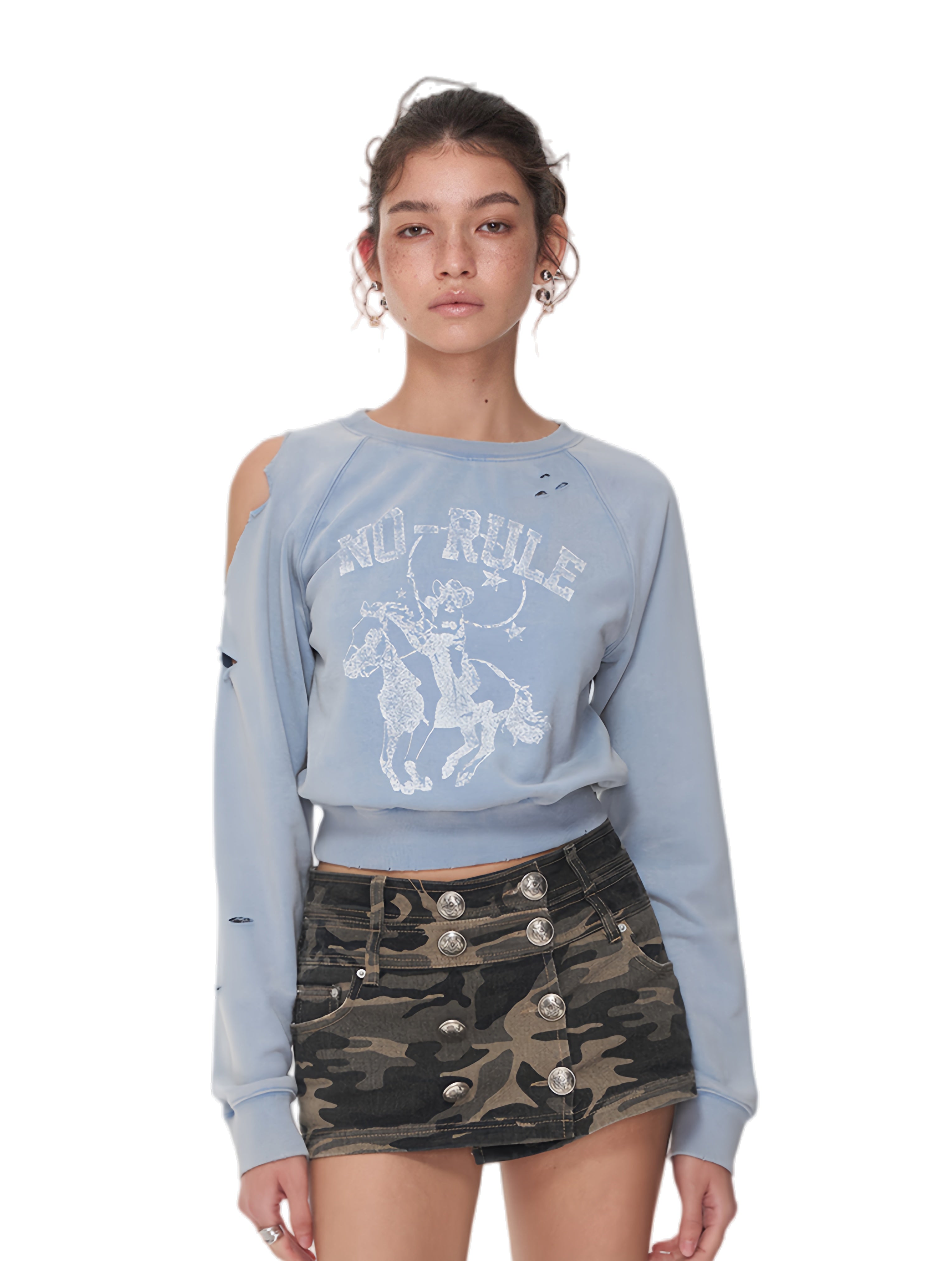Knight Cat Print Distressed Washed Sweatshirt - CHINASQUAD