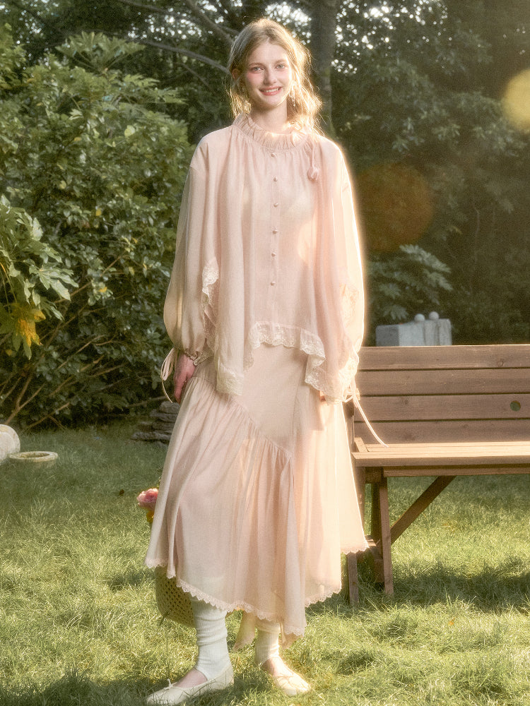 Lace Round Neck Trimmed Shirt - CHINASQUAD