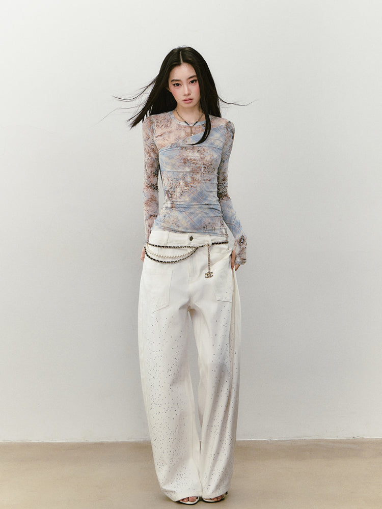 Printed Mesh Contrast-colored Long-sleeve T-shirt - CHINASQUAD