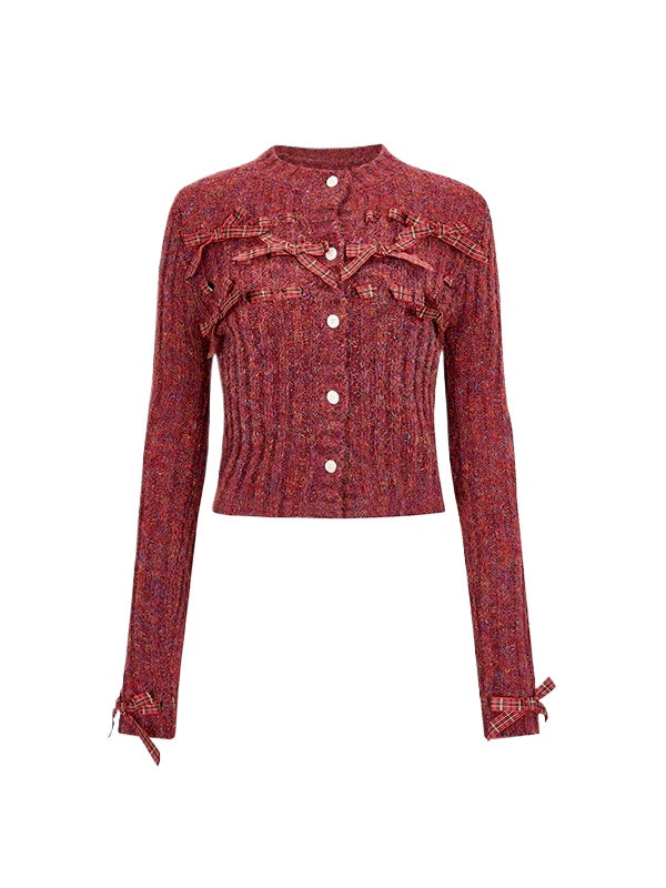 Bowknot Knit Cardigan & Hat & Scarf Set - CHINASQUAD