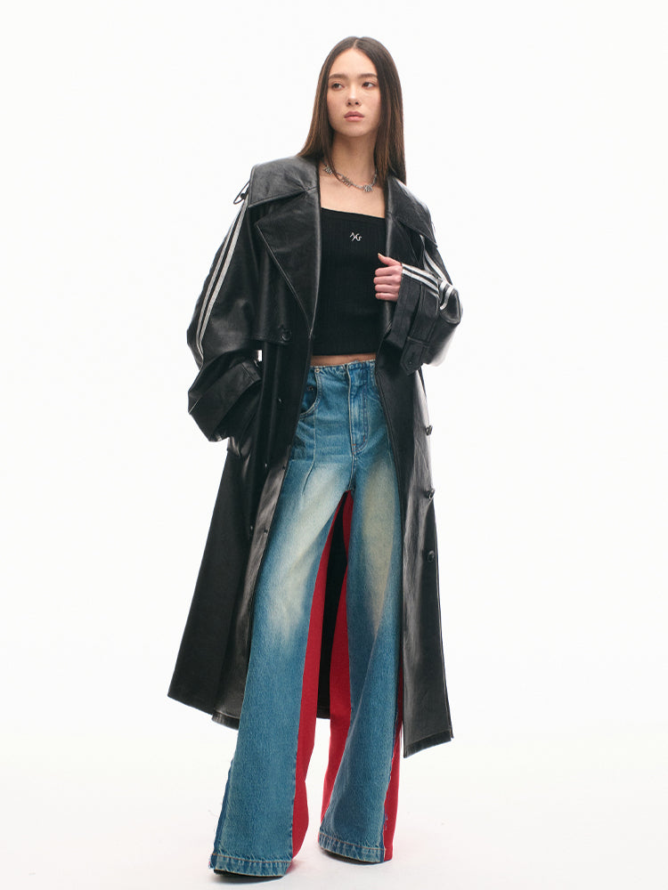 Textured Relaxed Fit Leather Trench Coat - CHINASQUAD
