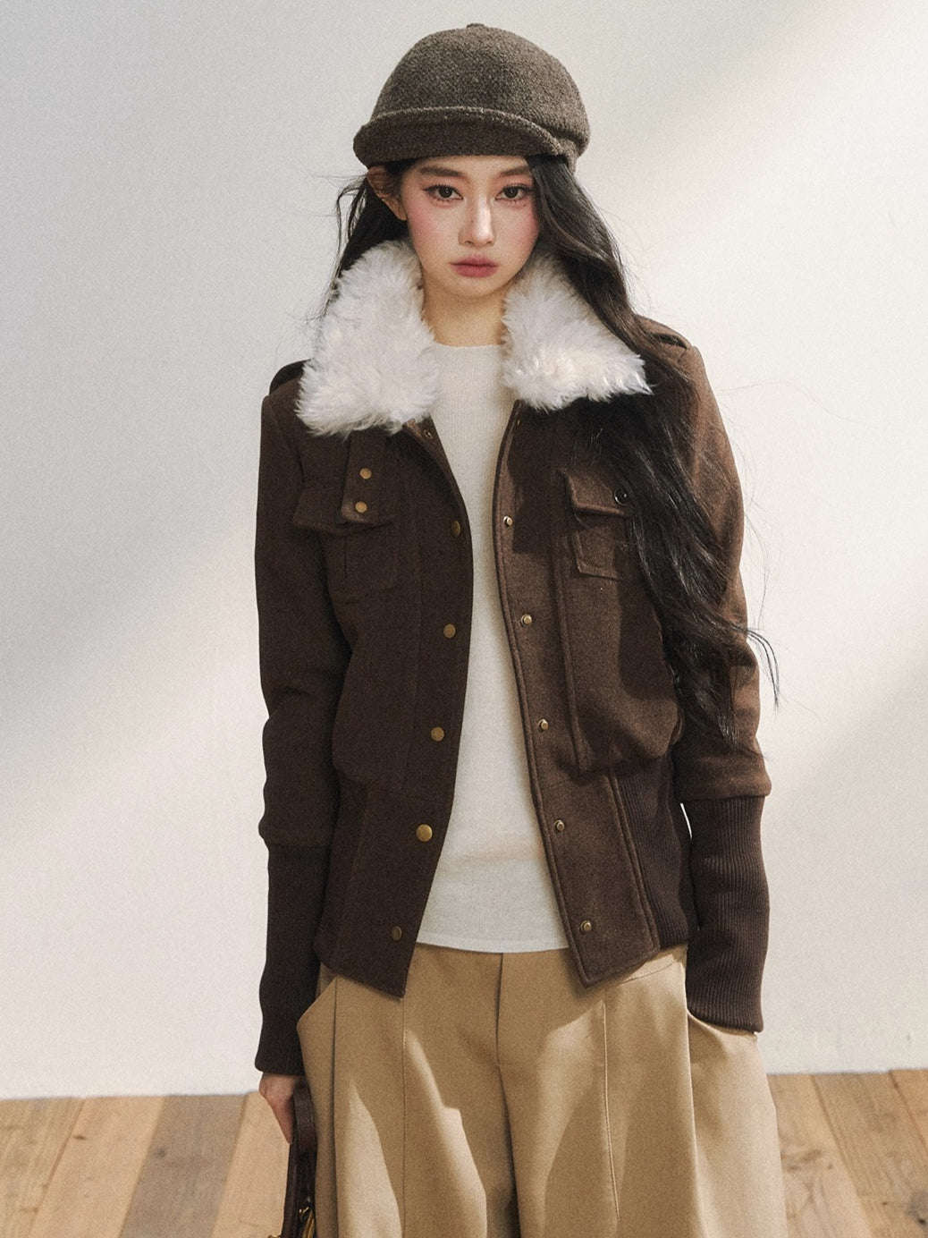 Vintage-Inspired Brown Fleece Lining Wool-Blend Jacket